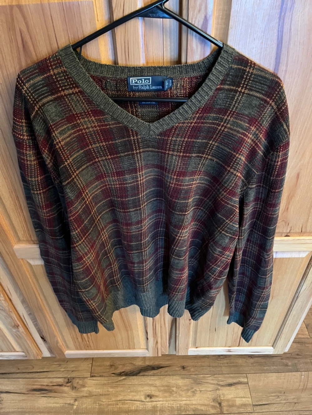 Polo by Ralph Lauren Olive & Burgundy Plaid V-Neck Sweater EUC
